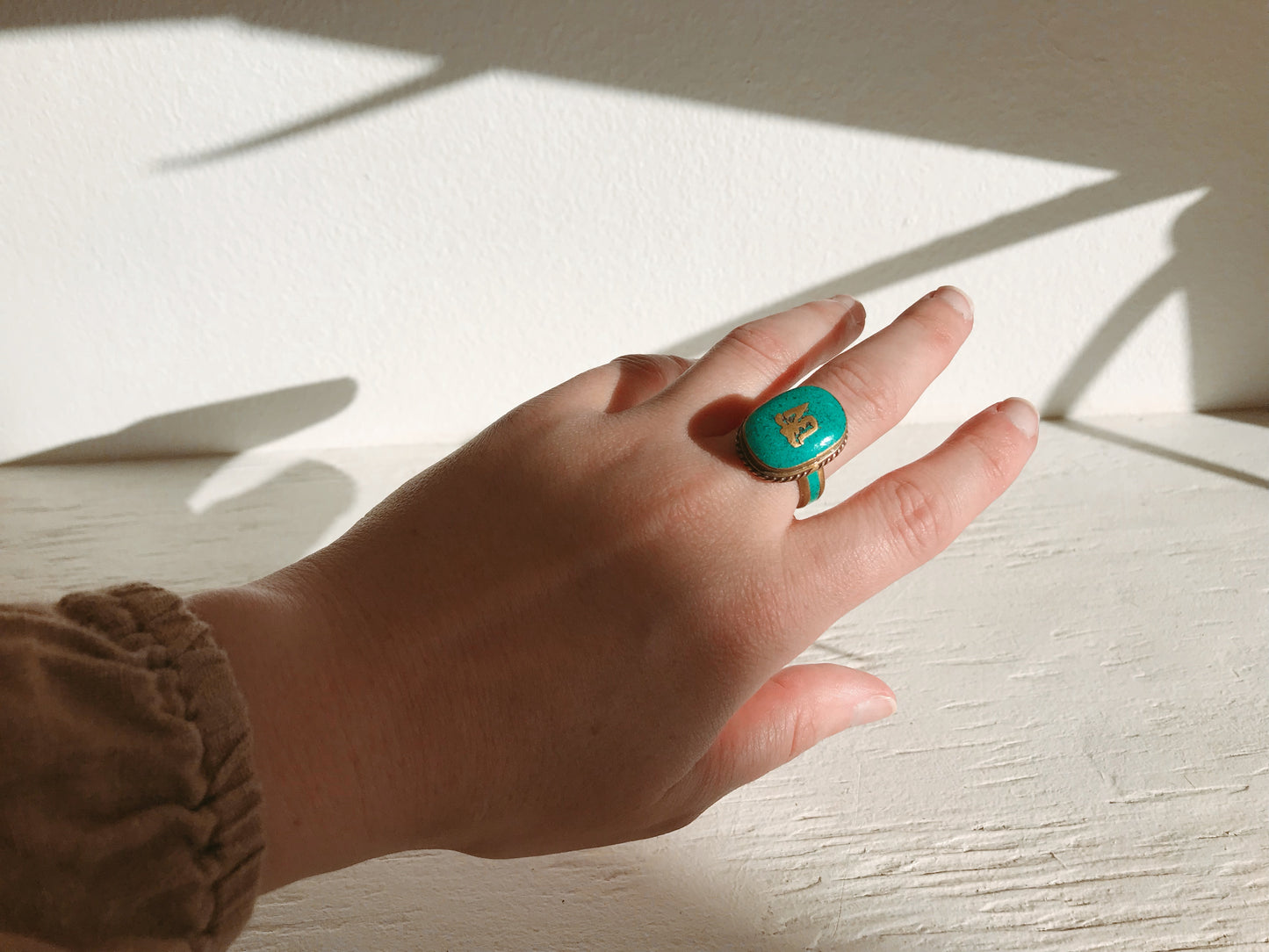 Tibetan Om Crushed Turquoise & Brass Ring