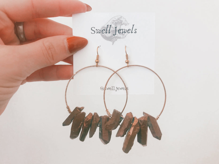 Brass Hoops w/ Brown Electroplated Quartz