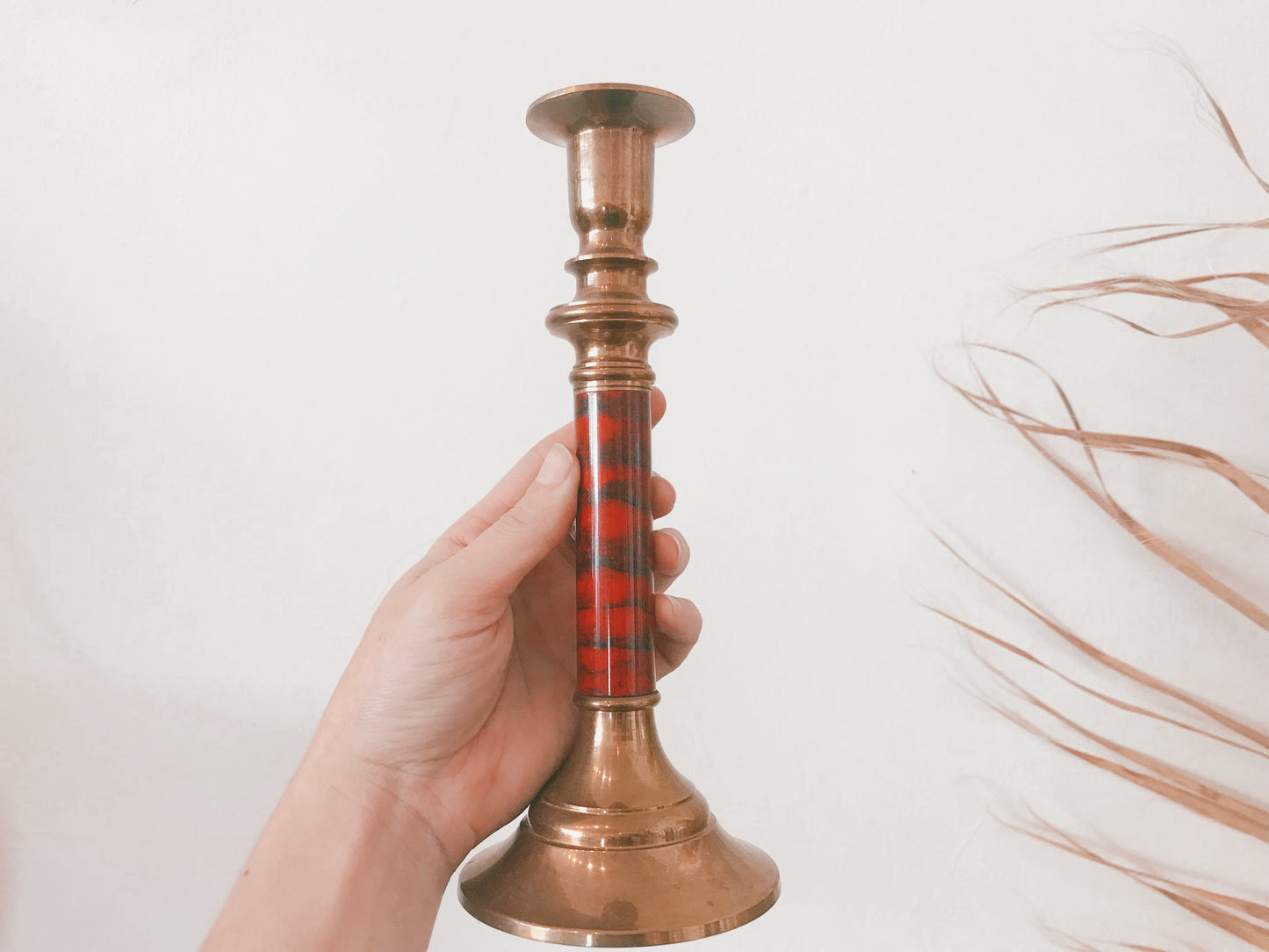 Brass & Red Faux Marble Candlestick - Set of Two